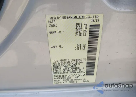 2020 Nissan Altima Sl Fwd из США, поврежденный, VIN 1N4BL4EV4LC161522